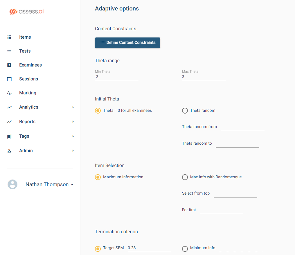 Adaptive testing options