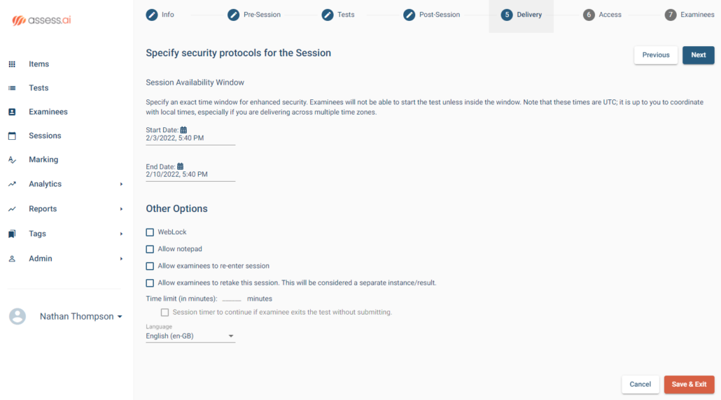 Session test security options